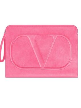 Valentino Hot Pink Embossed VLogo Suede Wrist Clutch Laptop Case Up to 15.6”